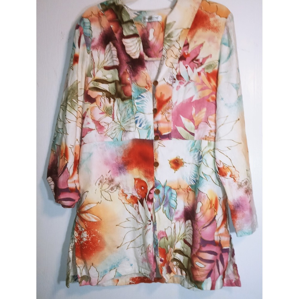 COLDWATER CREEK Women's Large  Watercolor Floral Linen Blend Jacket Top